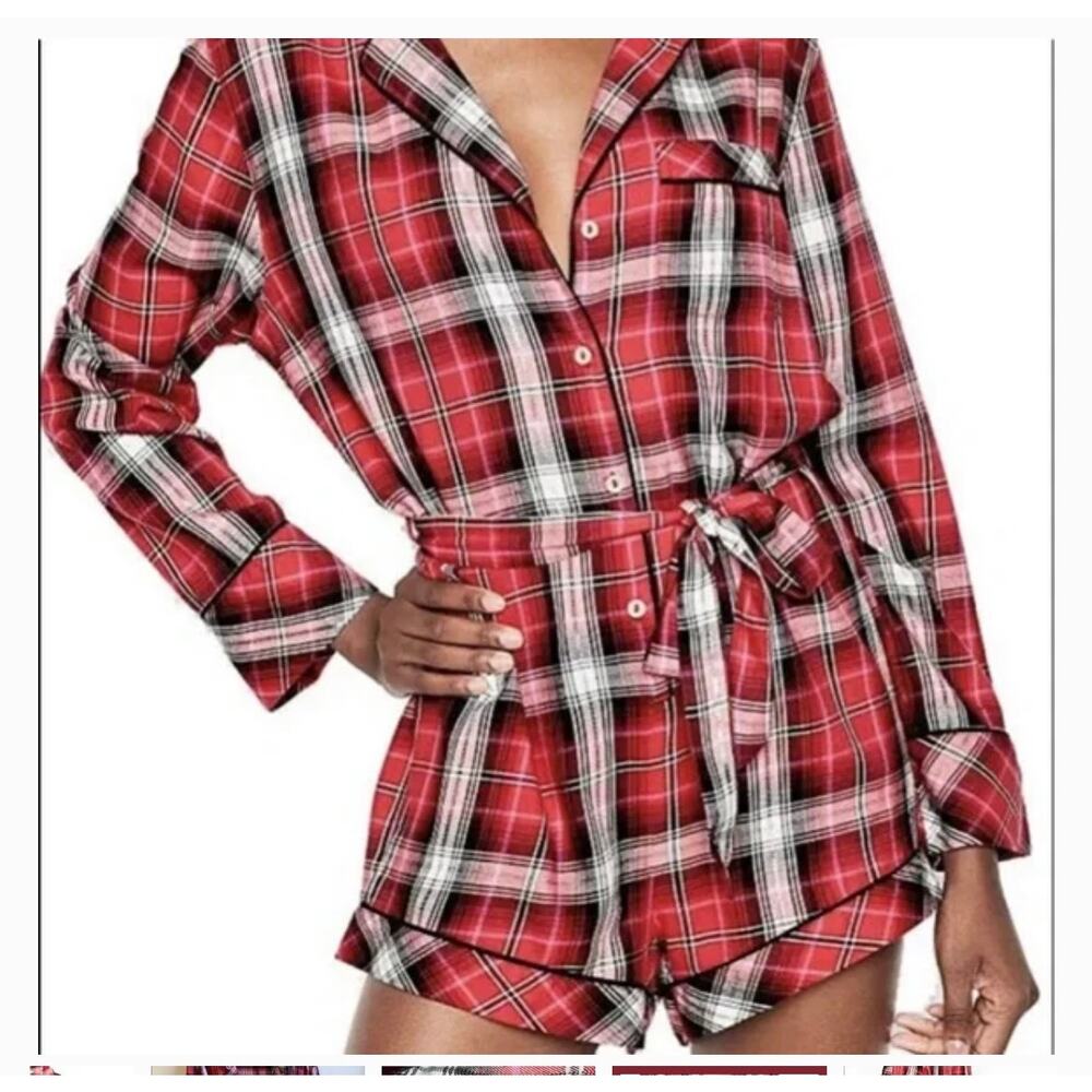 Victorias Secret Womens Plaid Romper long sleeve size Large